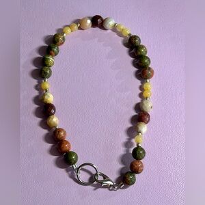 Hand Crafted Unakite,Yellow Jade,Mookaite,Silver Beads W/ Lobster Clasp Bracelet